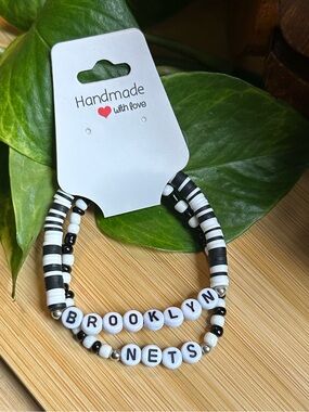 🏀 2-Piece Brooklyn Nets Stretchy Bracelet Set | Handmade | Beaded